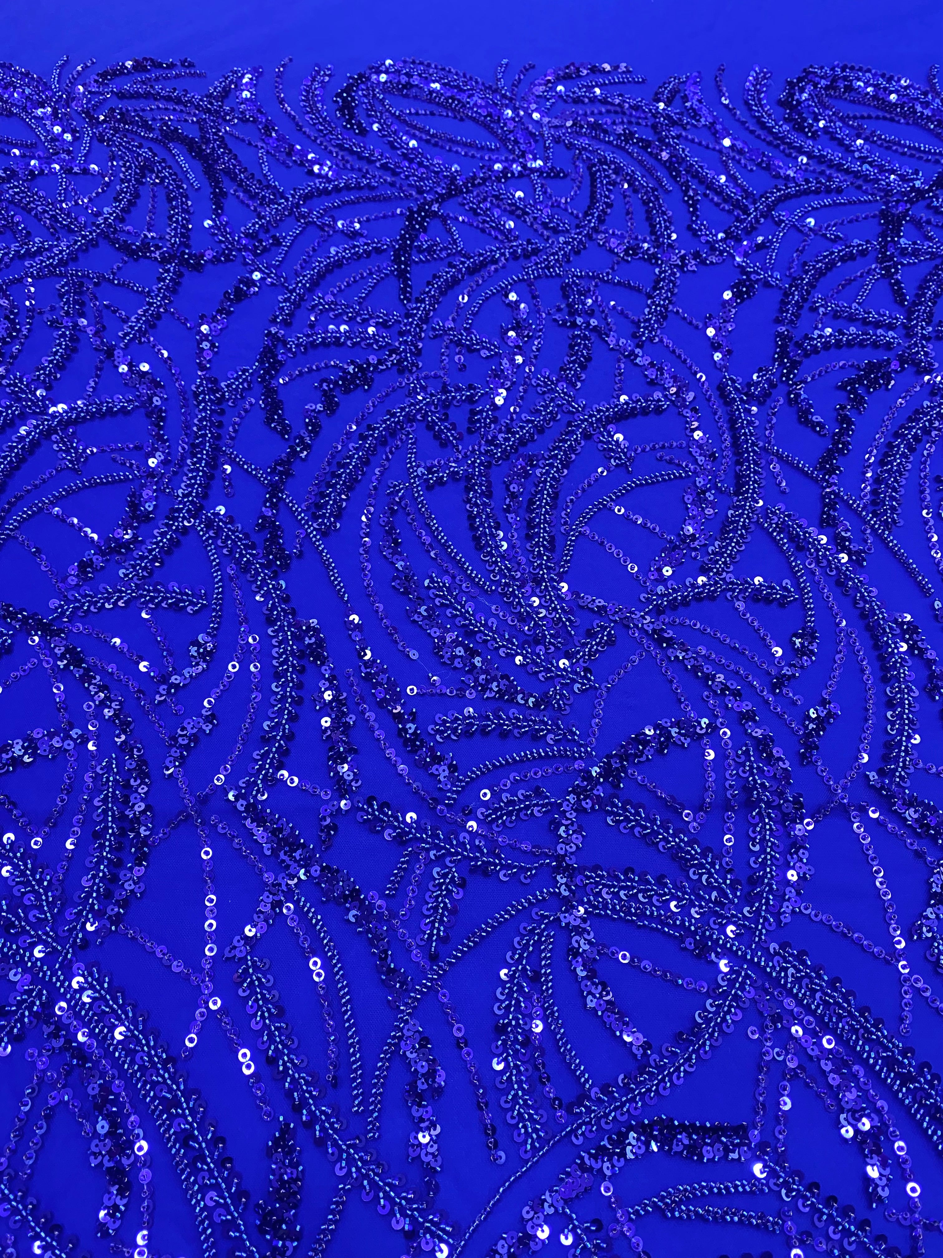 Dantela Couture Albastru Royal cu Model Geometric, Margele si Paiete