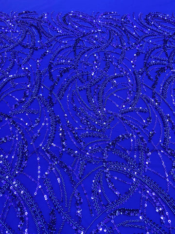 Dantela Couture Albastru Royal cu Model Geometric, Margele si Paiete