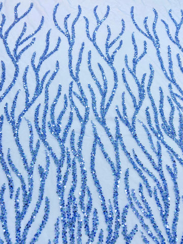 Dantela Couture Sky Blue cu Siraguri, cu Margele si Paiete
