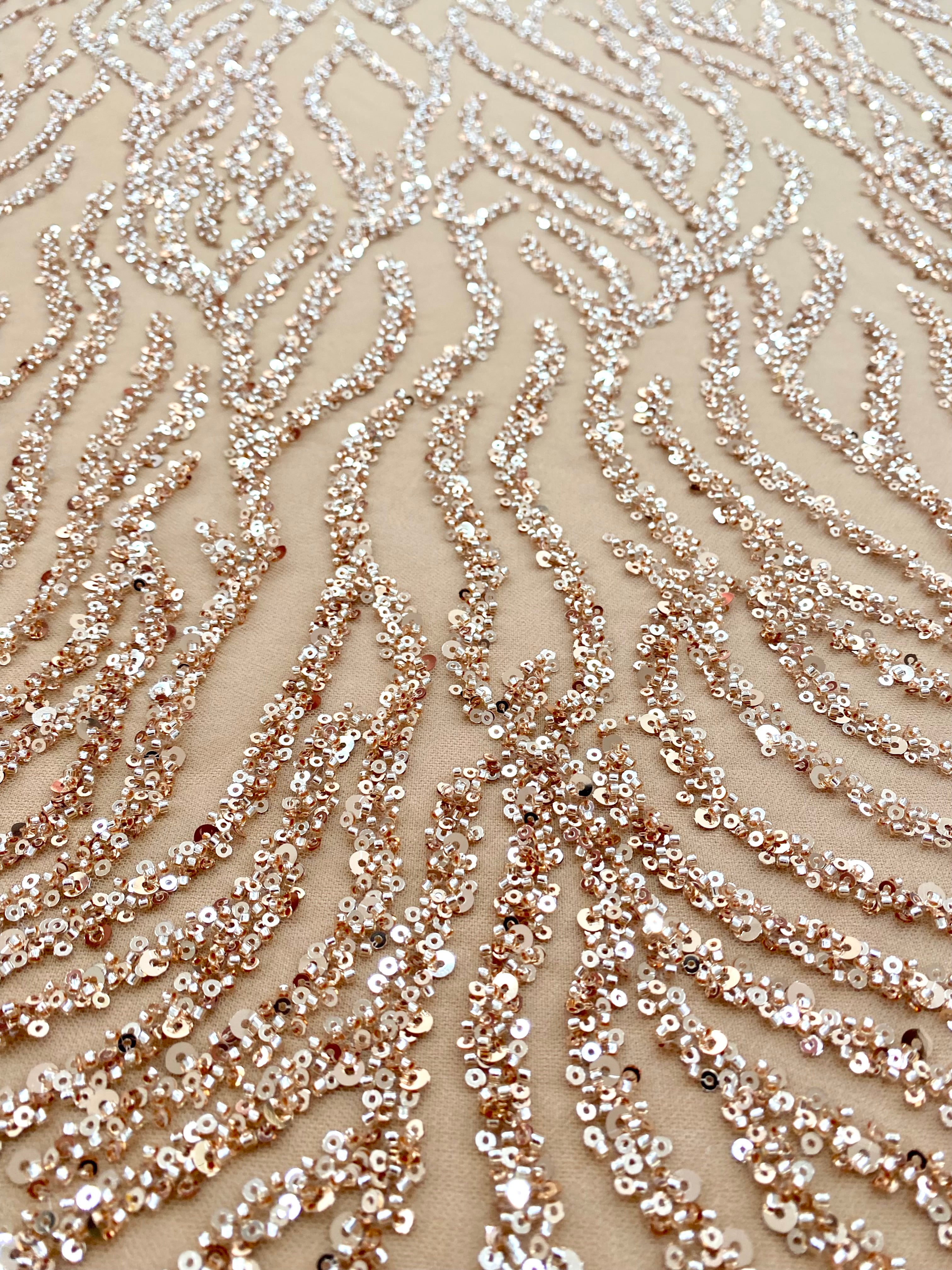 Dantela Couture Auriu Rose cu Siraguri, cu Margele si Paiete