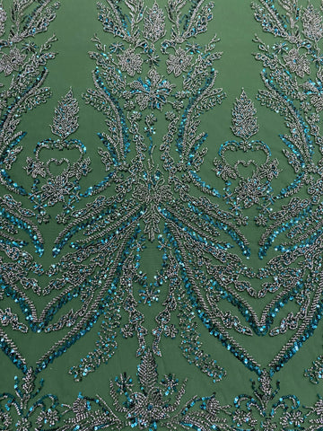 Dantela Couture Verde Smarald cu Model Floral, cu Margele si Paiete