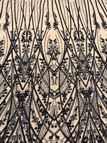 Dantela Couture Neagra cu Model Geometric, cu Perle, Margele si Paiete