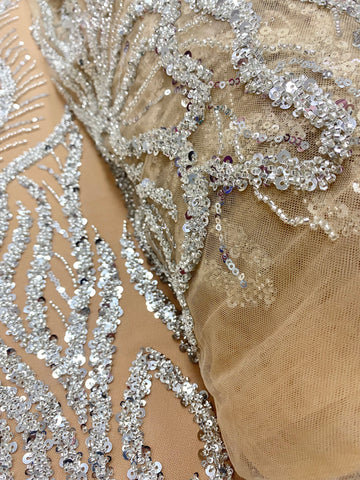 Dantela Couture Argintie pe Tulle Nude cu Panou, cu Margele si Paiete