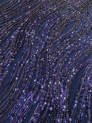 Dantela Couture Bleumarin cu Model Liniar, cu Margele si Paiete