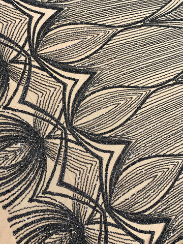 Dantela Couture Neagra cu Model Geometric, cu Perle, Margele si Paiete