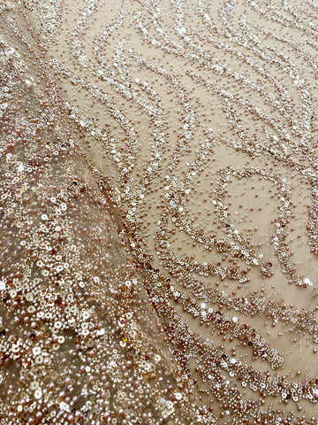 Dantela Couture Auriu Rose cu Perle, Margele si Paiete