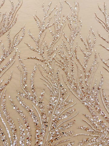 Dantela Couture Auriu Rose cu Siraguri, cu Margele si Paiete