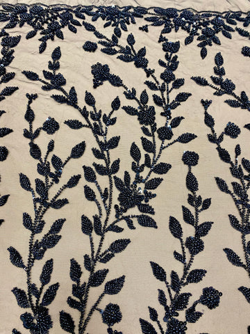 Dantela Couture Neagra cu Model Floral, Perle, Margele si Paiete