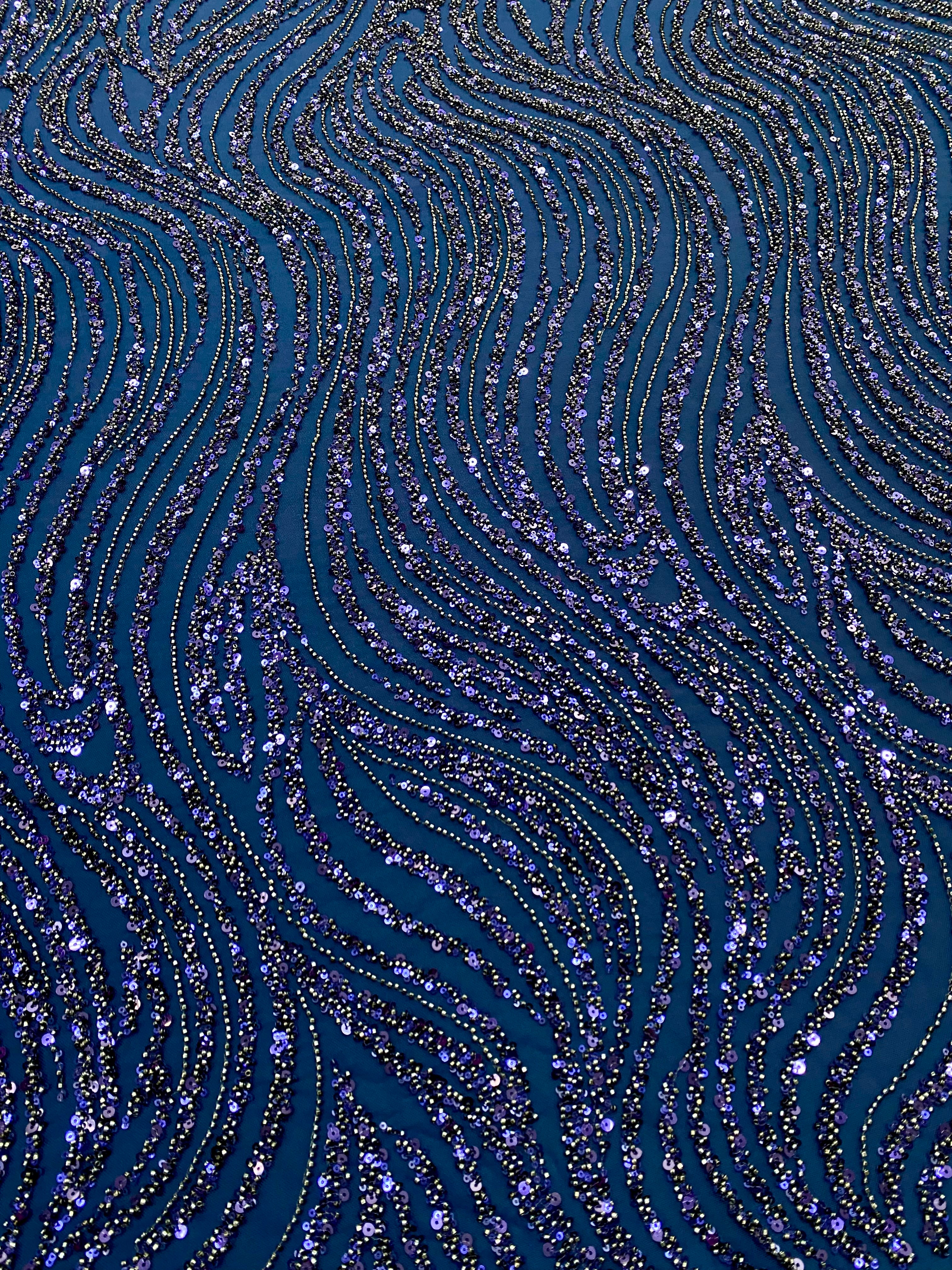 Dantela Couture Bleumarin cu Model Liniar, cu Margele si Paiete