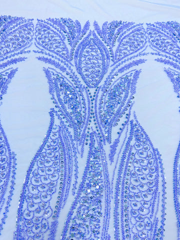 Dantela Couture Sky Blue cu Panou, cu Perle, Margele si Paiete