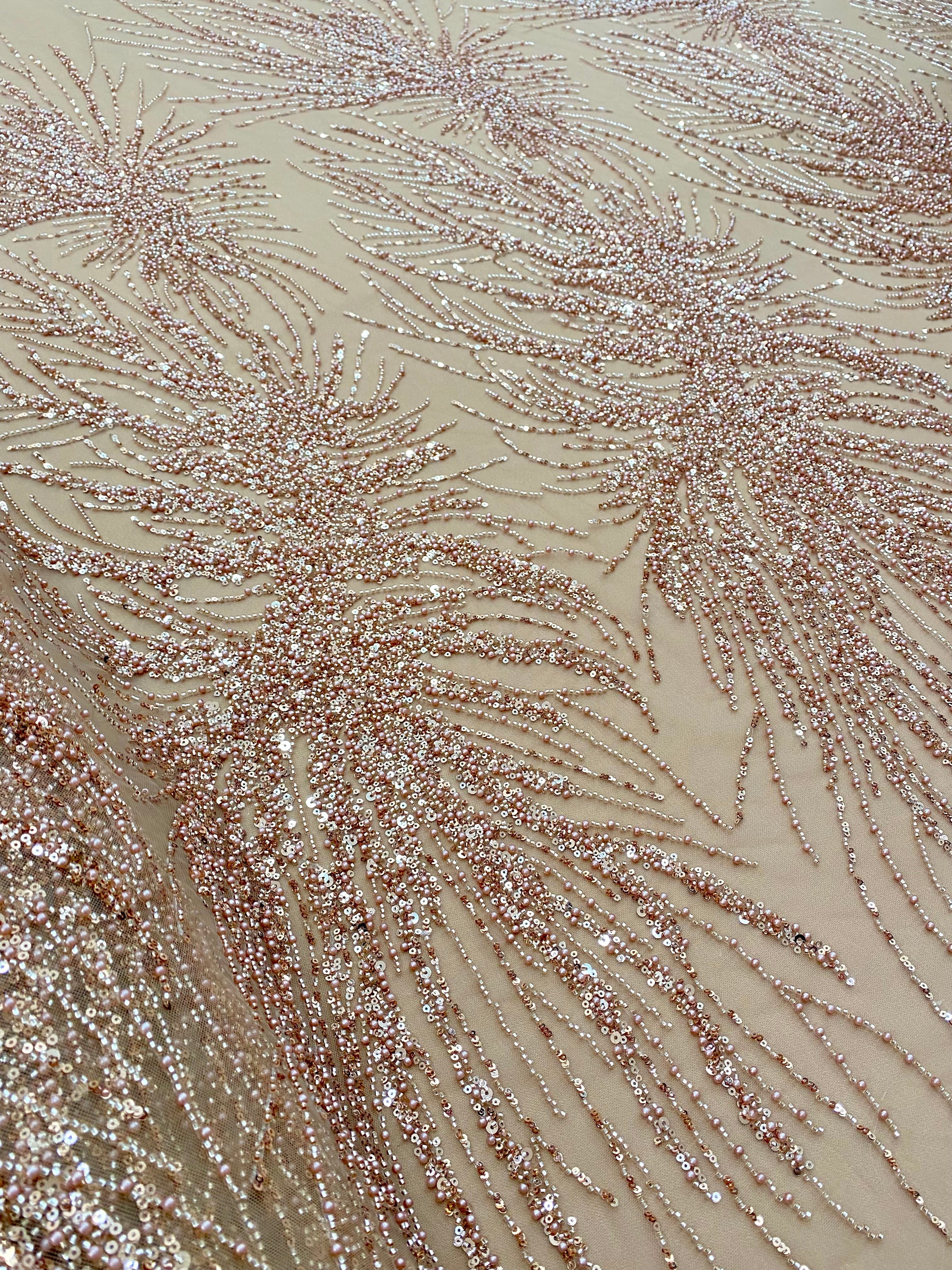 Dantela Couture Auriu Rose cu Model Liniar, cu Perle, Margele si Paiete