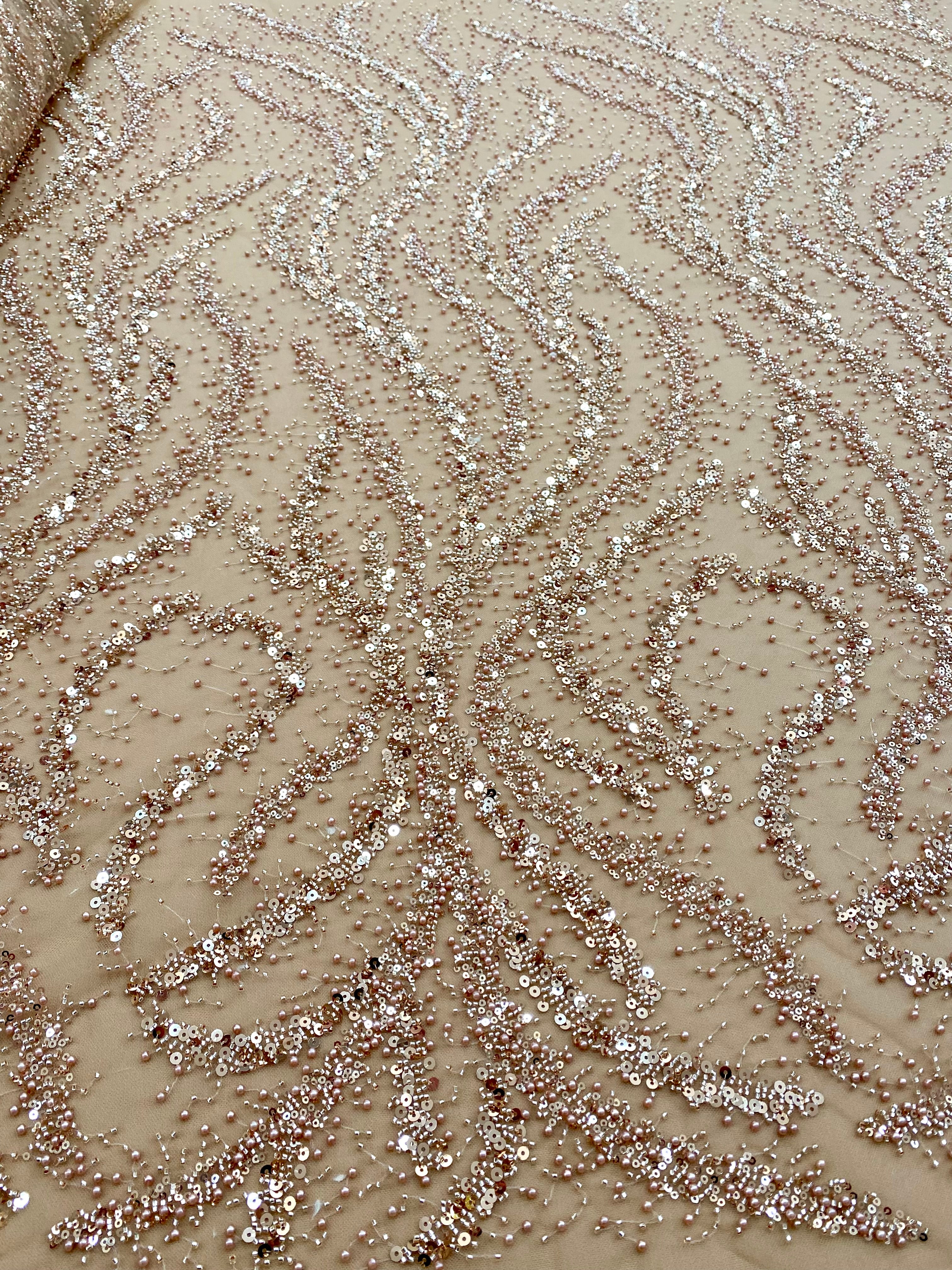 Dantela Couture Auriu Rose cu Perle, Margele si Paiete