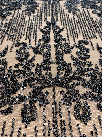 Dantela Couture Neagra cu Model Geometric, cu Perle, Margele si Paiete