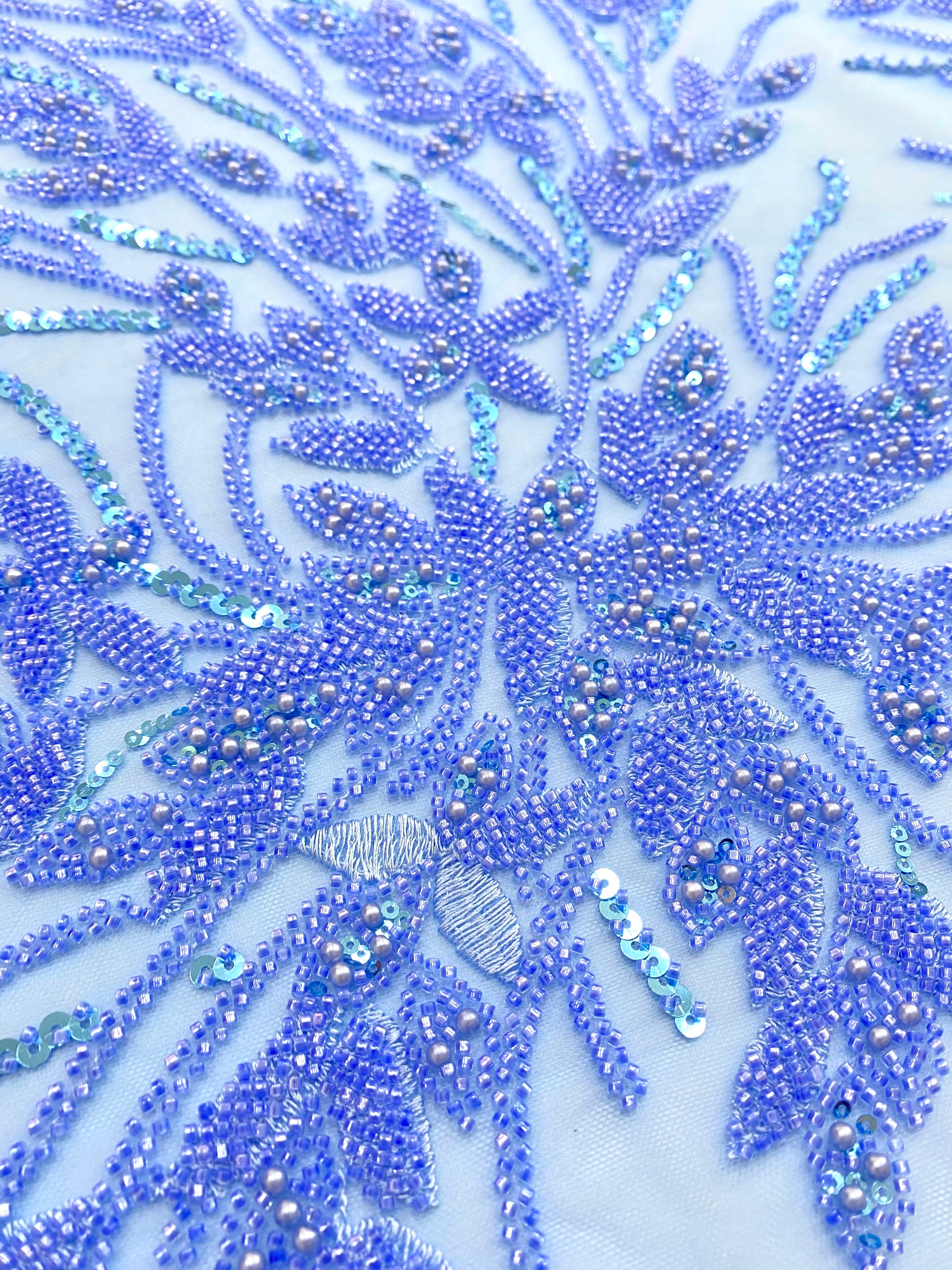 Dantela Couture Sky Blue cu Model Floral, Perle, Margele si Paiete