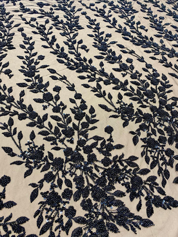 Dantela Couture Neagra cu Model Floral, Perle, Margele si Paiete