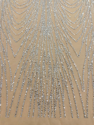 Dantela Couture Argintie pe Tulle Nude cu Model Liniar, cu Margele si Paiete