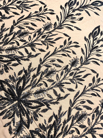 Dantela Couture Neagra cu Model Floral, cu Perle, Margele si Paiete