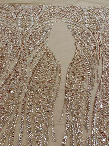 Dantela Couture Auriu Rose cu Panou, cu Perle, Margele si Paiete