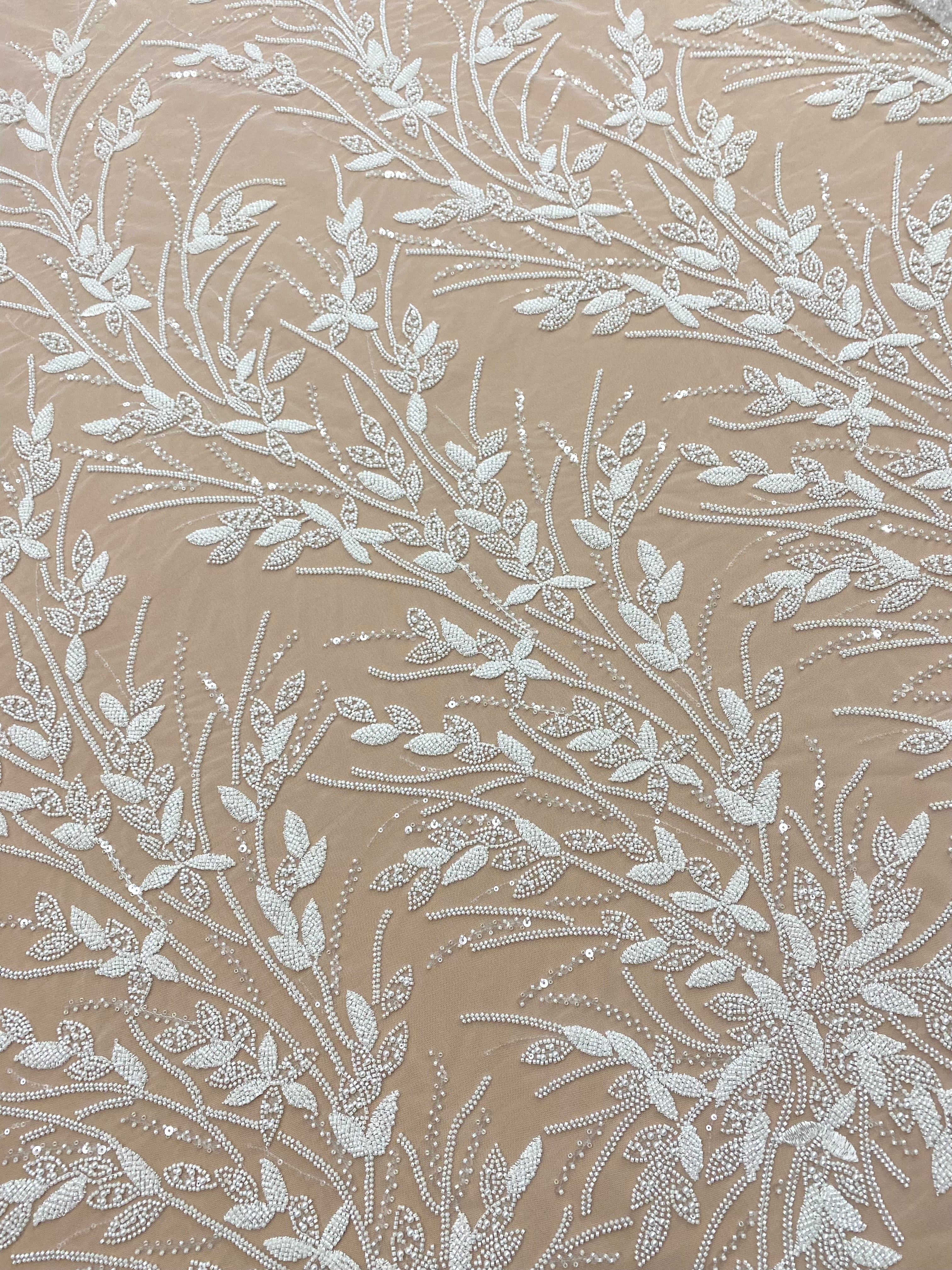 Dantela Couture Ivory cu Model Floral, Perle, Margele si Paiete