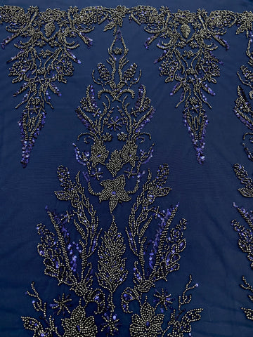 Dantela Couture Bleumarin cu Model Floral, cu Margele si Paiete