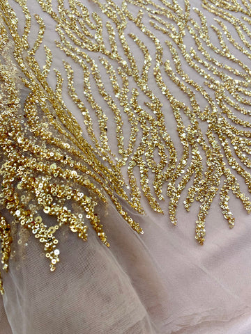 Dantela Couture Aurie cu Siraguri, cu Margele si Paiete