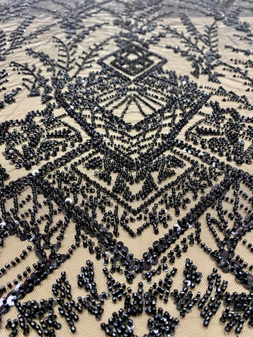 Dantela Couture Neagra cu Model Geometric, cu Margele si Paiete