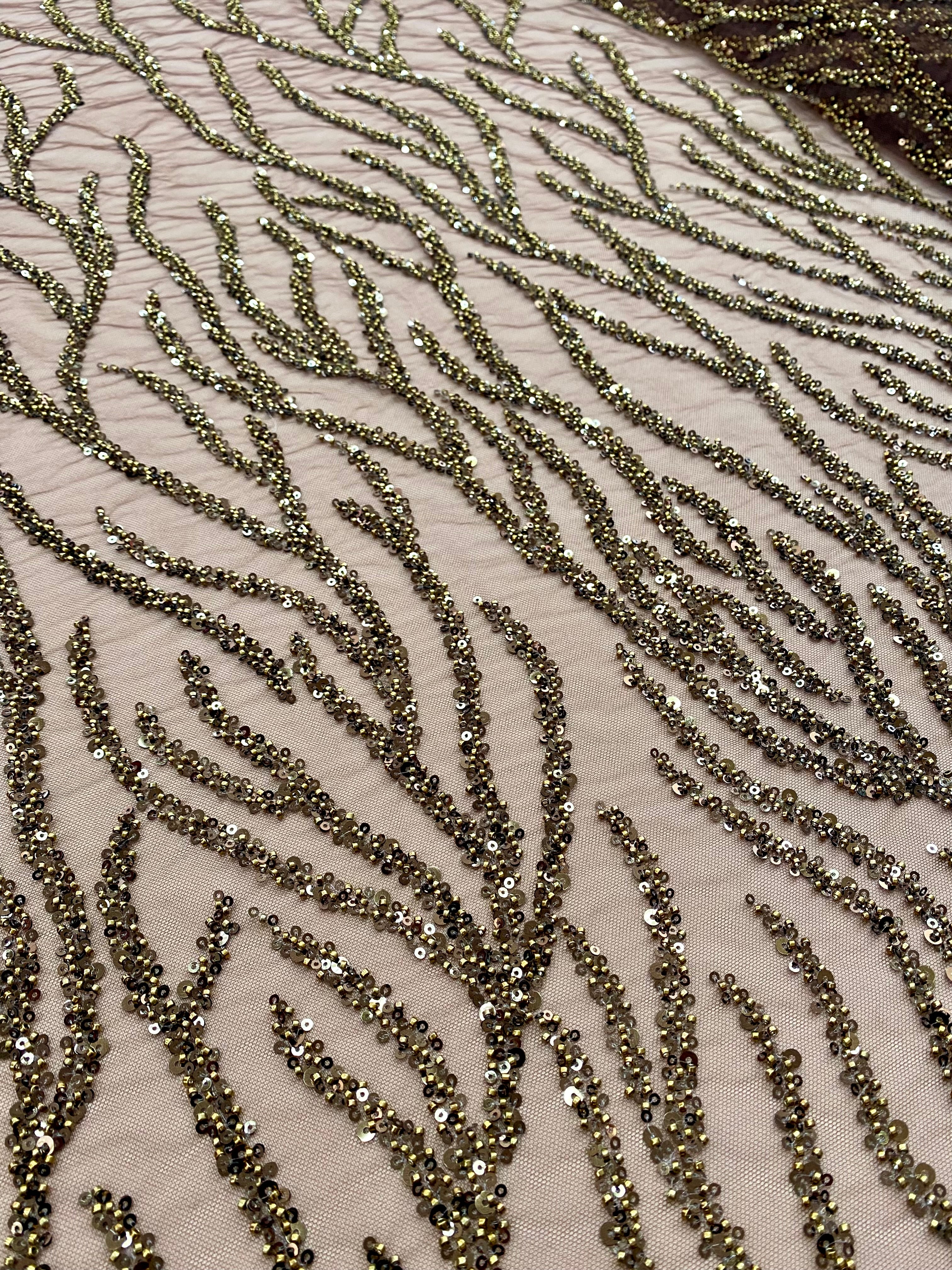 Dantela Couture Auriu Antic Siraguri, cu Margele si Paiete