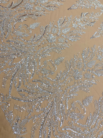 Dantela Couture Argintie pe Tulle Nude, cu Model Floral, cu Margele si Paiete