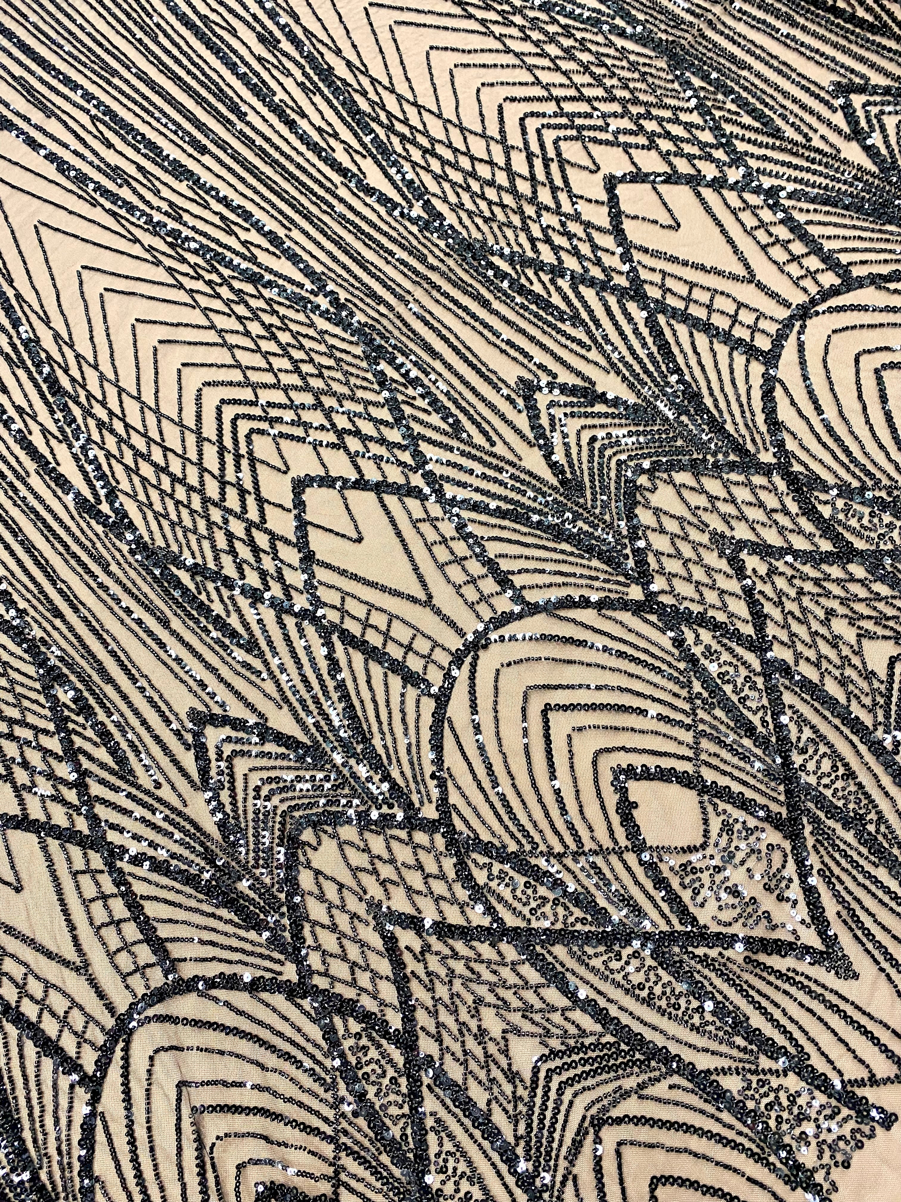 Dantela Couture Neagra cu Panou, cu Margele si Paiete