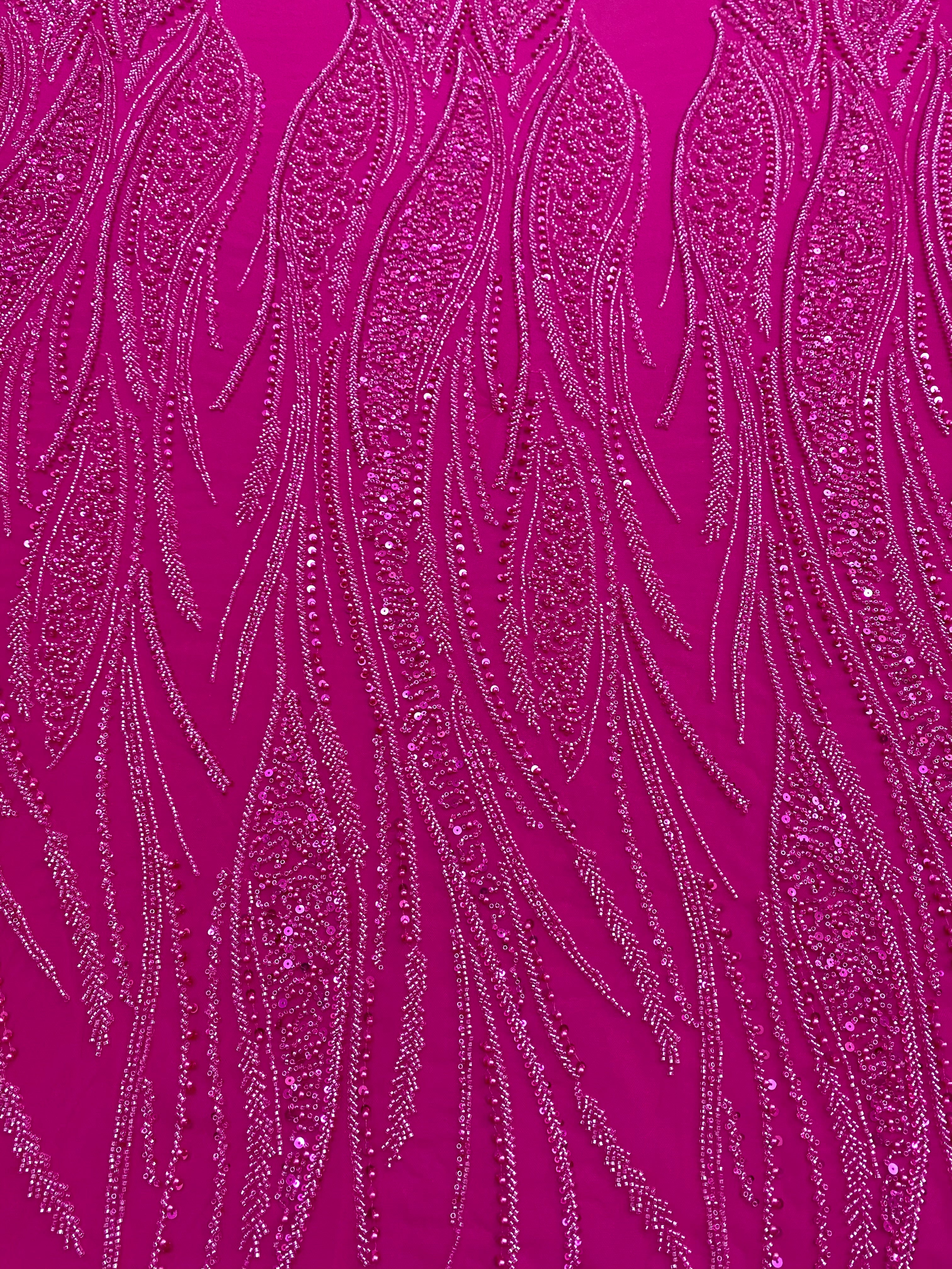 Dantela Couture Fucsia cu Panou, cu Perle, Margele si Paiete