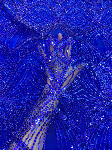 Dantela Couture Albastru Royal cu Model Geometric, cu Perle si Margele