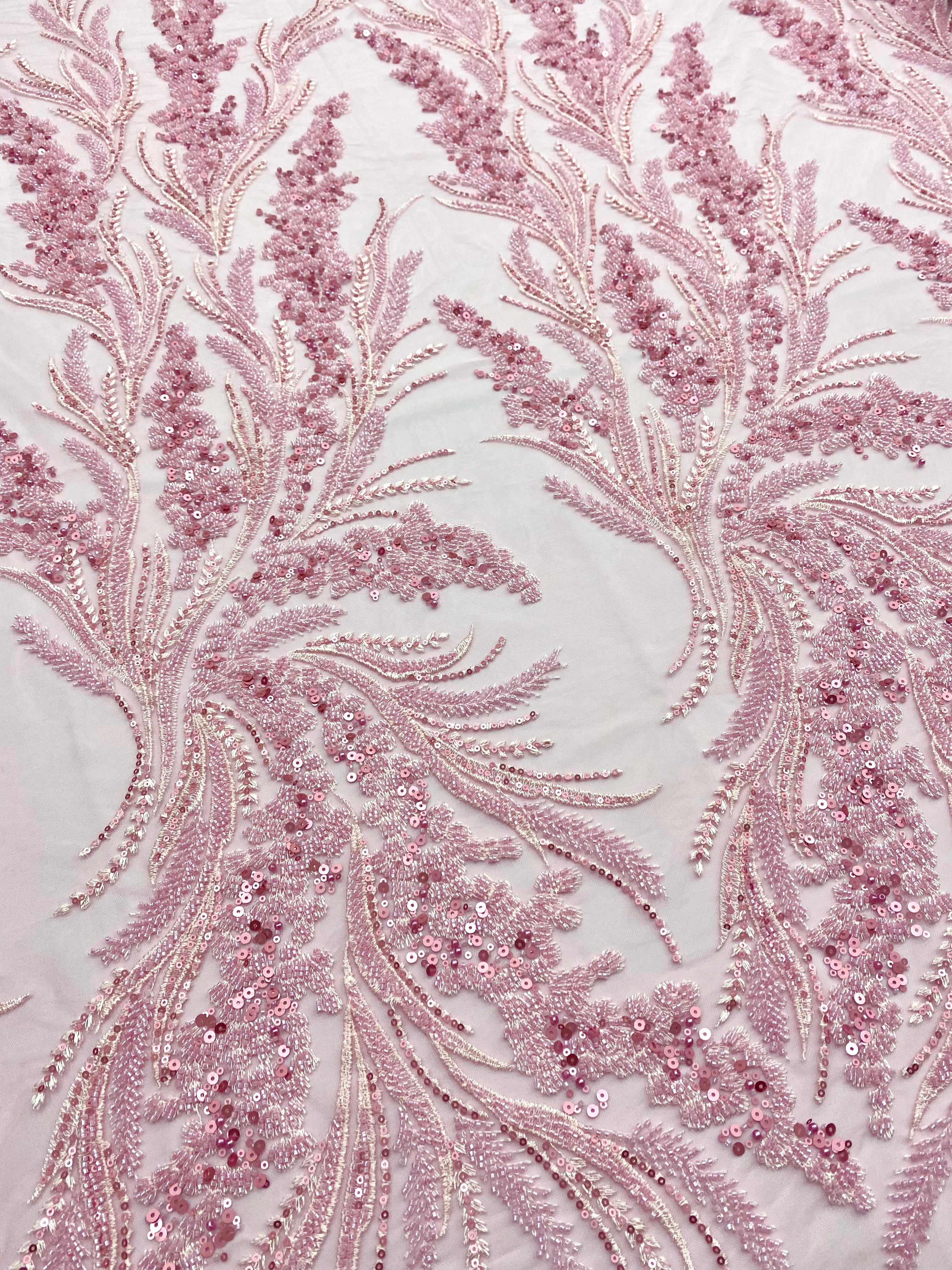 Dantela Couture Roz cu Model Floral cu Perle, Margele si Paiete