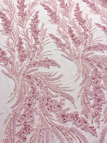Dantela Couture Roz cu Model Floral cu Perle, Margele si Paiete