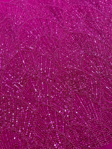 Dantela Couture Fucsia cu Model Geometric, cu Perle, Margele si Paiete