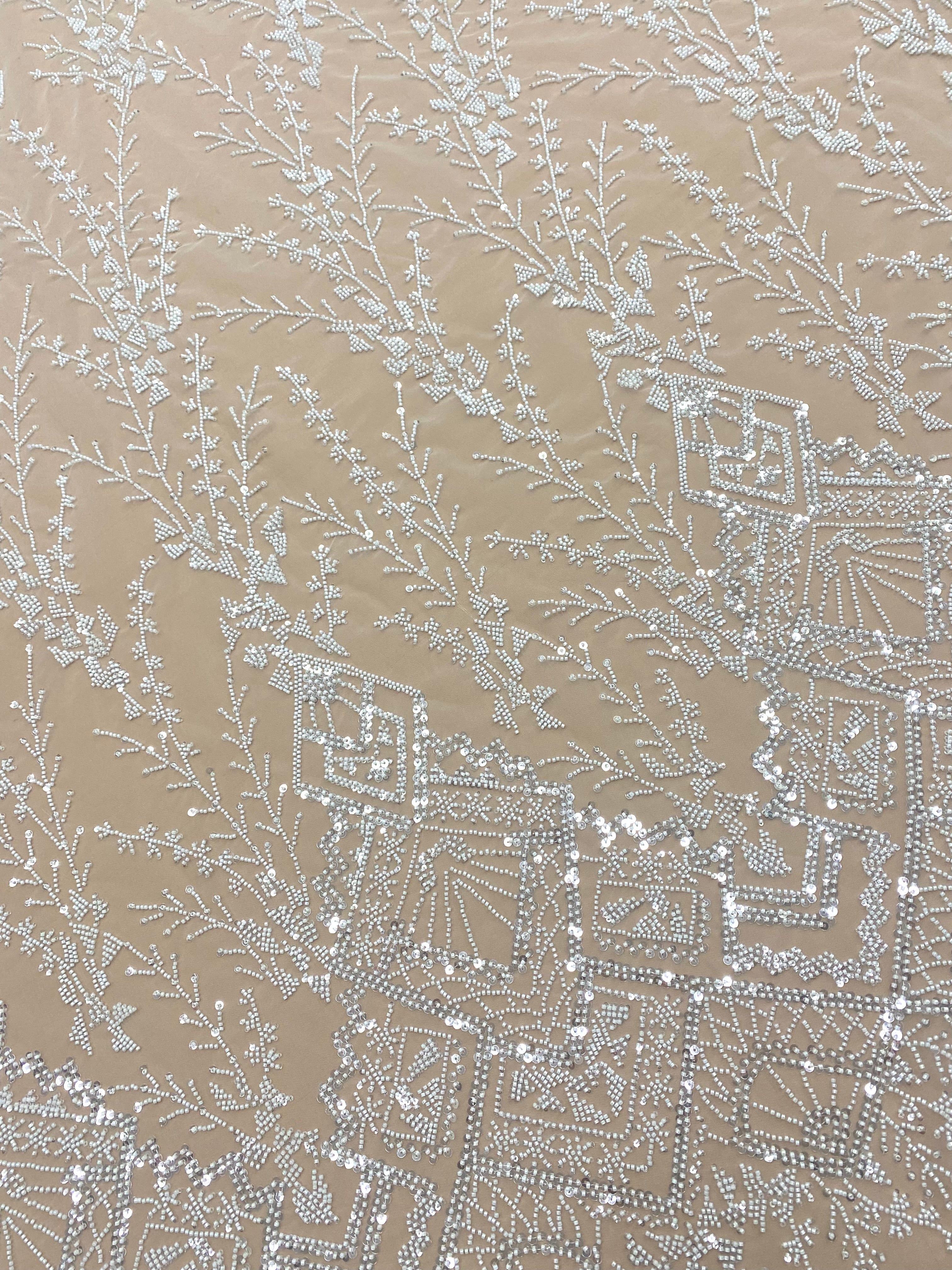 Dantela Couture Ivory cu Model Geometric, cu Margele si Paiete