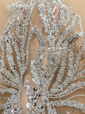 Dantela Couture Argintie pe Tulle Nude cu Panou, cu Margele si Paiete