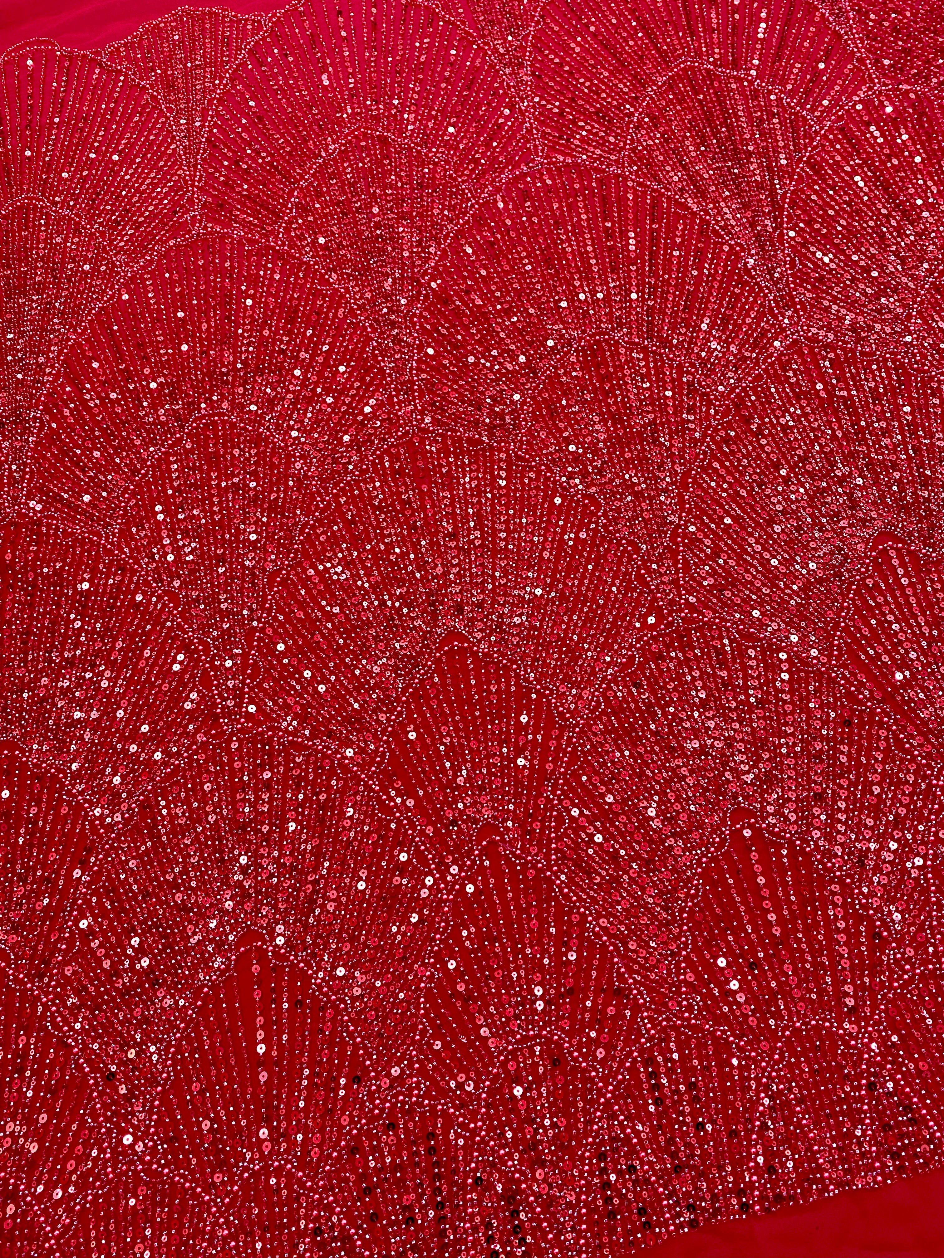 Dantela Couture Rosie cu Model Geometric, cu Perle, Margele si Paiete