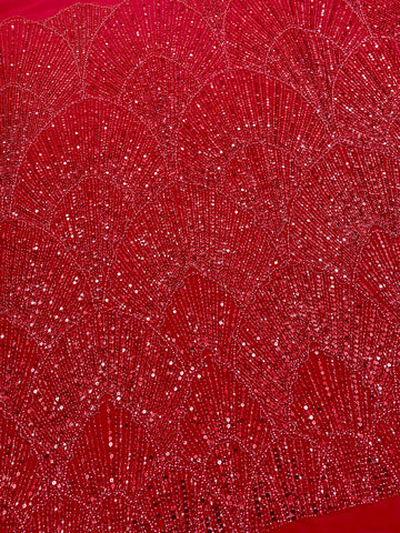 Dantela Couture Rosie cu Model Geometric, cu Perle, Margele si Paiete