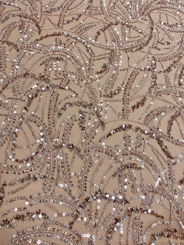 Dantela Couture Auriu Rose cu Model Geometric, Margele si Paiete