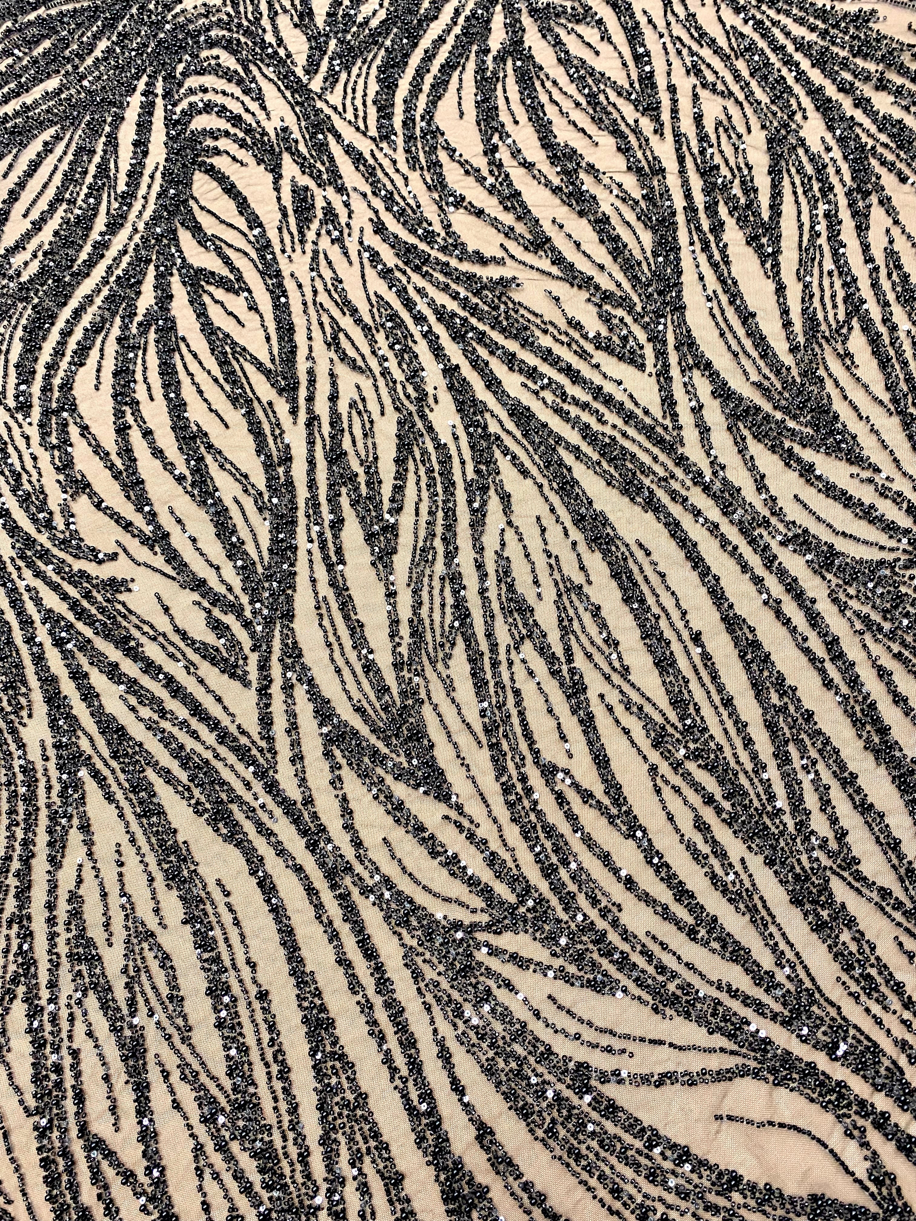 Dantela Couture Neagra cu Model Geometric, cu Perle, Margele si Paiete