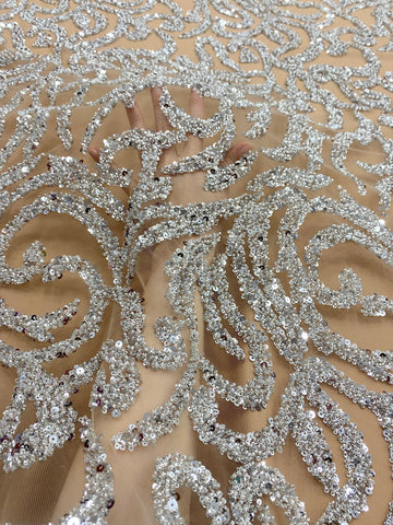 Dantela Couture Argintie pe Tulle Nude cu Margele si Paiete