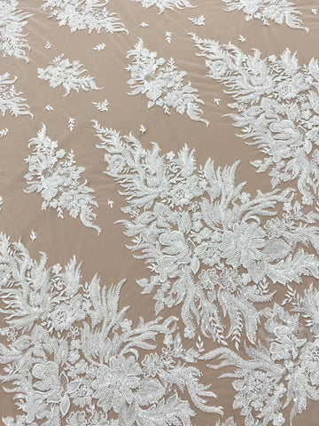 Dantela Couture Ivory cu Model Floral, cu Perle si Paiete