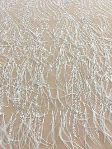 Dantela Couture Ivory cu Pene de Strut, cu Siraguri, cu Margele si Paiete