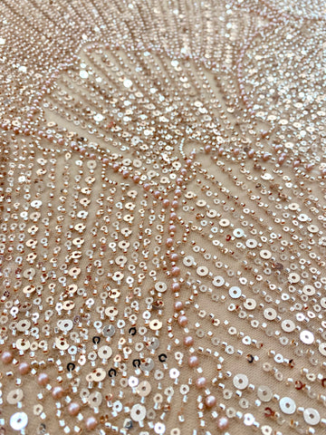 Dantela Couture Auriu Rose cu Model Geometric, cu Perle, Margele si Paiete