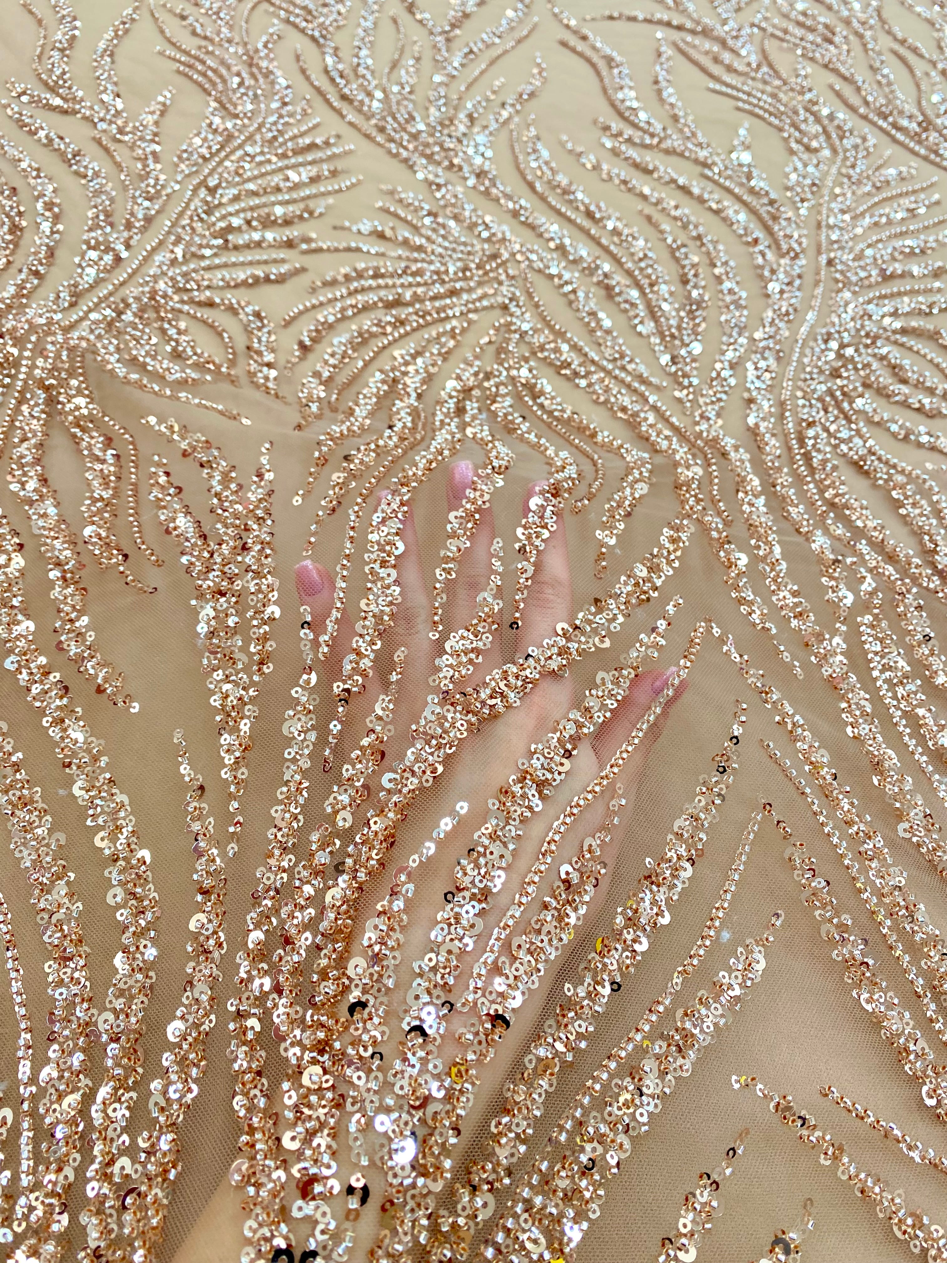 Dantela Couture Auriu Rose cu Siraguri, cu Margele si Paiete
