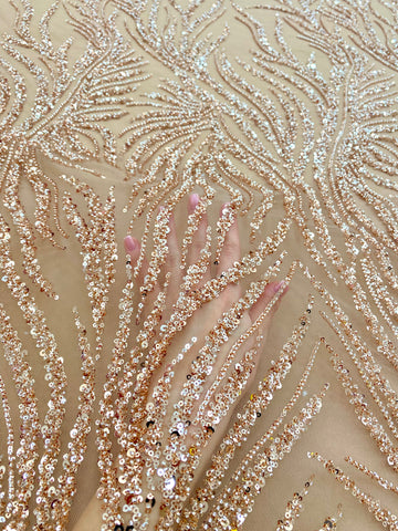Dantela Couture Auriu Rose cu Siraguri, cu Margele si Paiete
