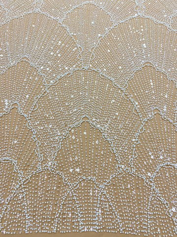 Dantela Couture Ivory cu Tulle Nude cu Model Geometric, cu Perle, Margele si Paiete