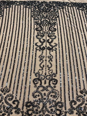 Dantela Couture Neagra cu Model Geometric, cu Perle, Margele si Paiete