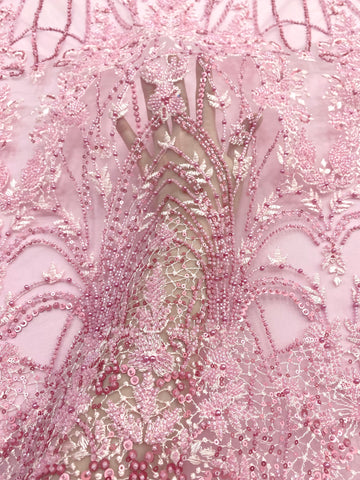 Dantela Couture Roz cu Model Geometric, cu Perle, Margele si Paiete