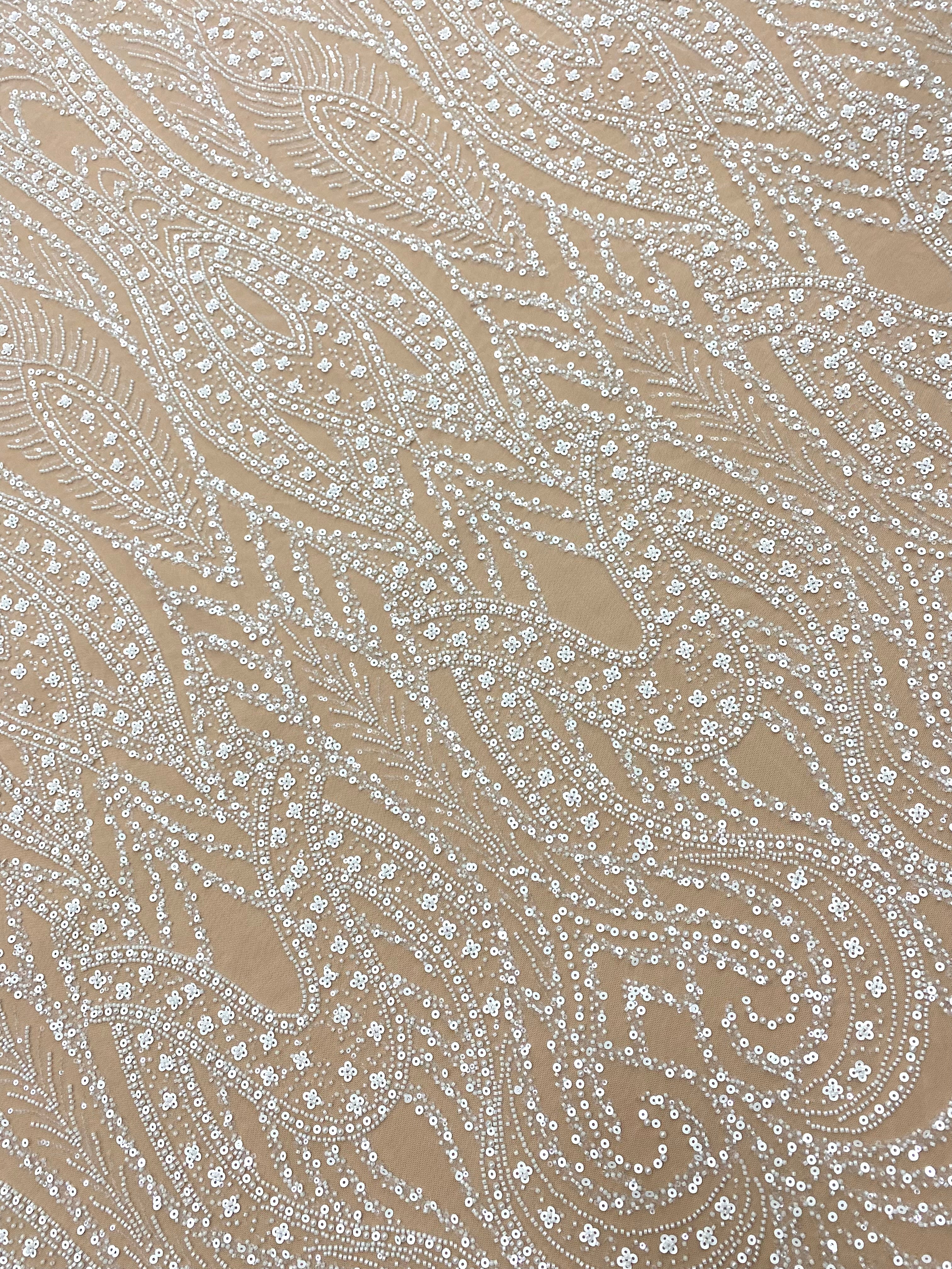 Dantela Couture Ivory cu Model Geometric, cu Perle, Margele si Paiete